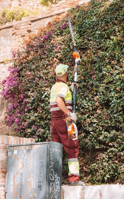 A gardener wearing a beige cap, a high-visibility yellow and brown jacket, and maroon work trousers is trimming a dense, flowering hedge with a long-handled electric hedge trimmer. The hedge features 